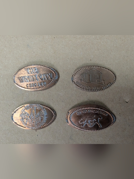 Other - Set of 4 Smashed Pennies - Lincoln's New Salem, Windy City, Hoover Dam, KY Horse